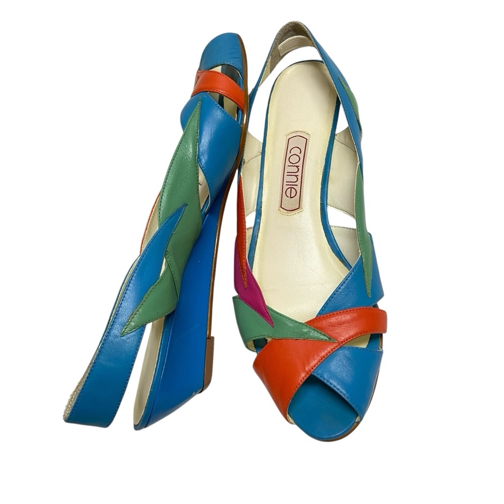 Vintage 80s Connie Apex Slingback Open Toe Wedge Sandal Multicolor 9